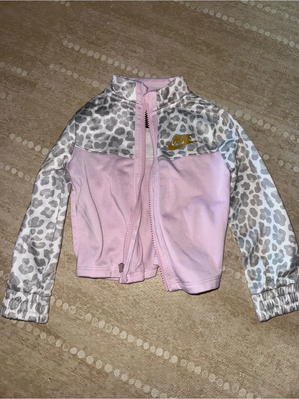 Nike Girls' Pink Jacket with Gray‎ Leopard Print and Gold Logo